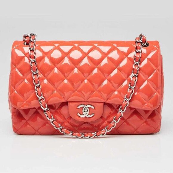 Chanel Pink Quilted Patent Leather Classic Jumbo Double Flap Bag - Picture 1 of 9
